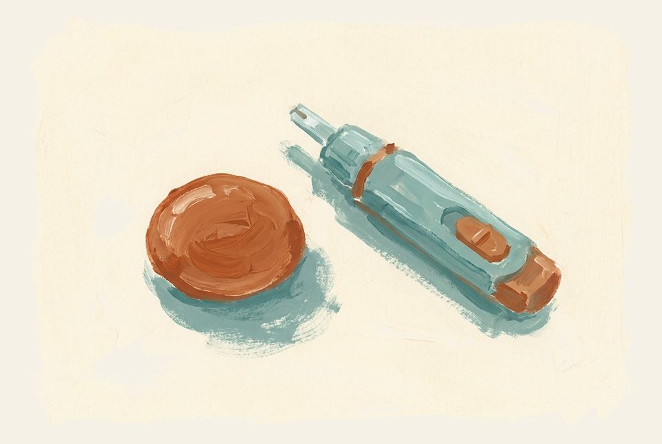 Gouache-painted close-up van een rust-gekleurde druppel naast een lancet