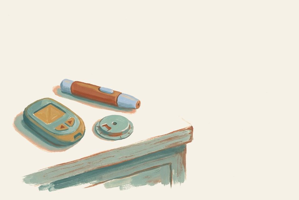 Gouache-painted stilleven van glucosemeter, prikpen en sensor